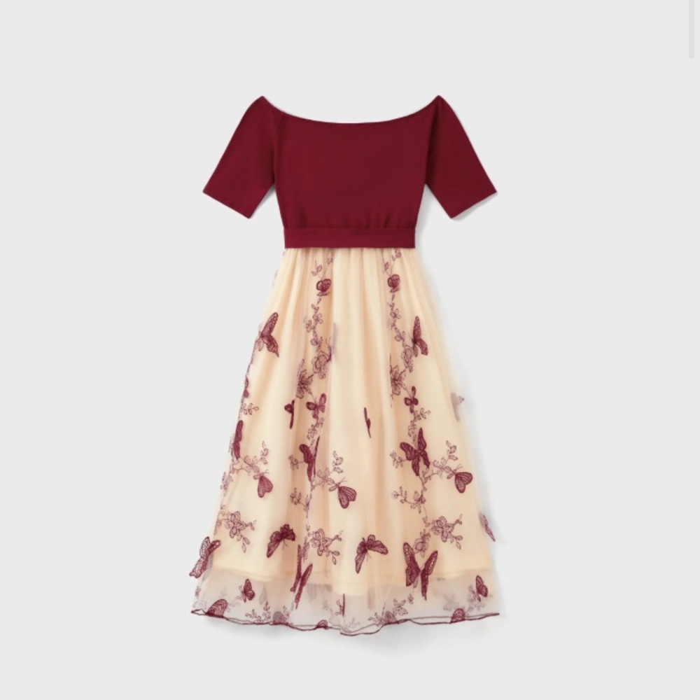 Burgundy Off-Shoulder Butterfly Embroidered Tulle / Mesh Dress, Women Size S - Picture 5 of 10